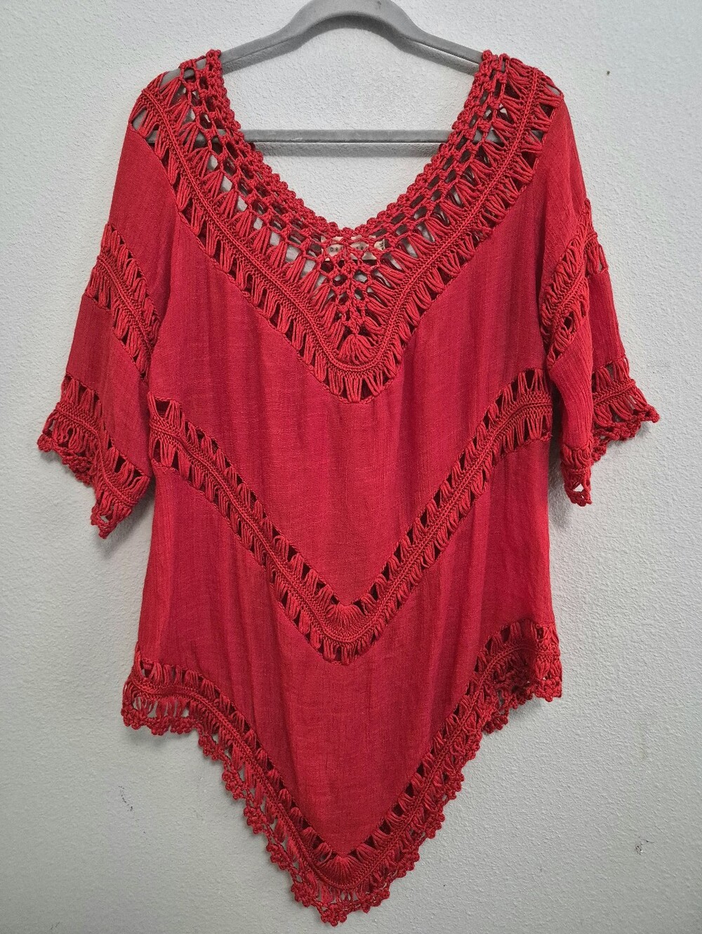 Dreamers Vneck Crochet Trim Hankerchief Hemline Tunic Top Vibrant Red XL Boho